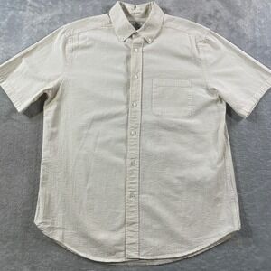 Portuguese Flannel Shirt Mens Large Beige Short Sleeve Seersucker Casual Summer